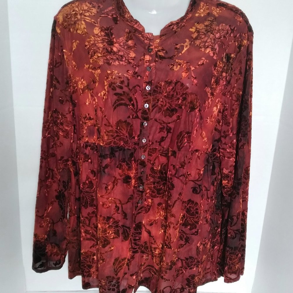 Chico's Velvet Burnout Sheer Floral Peasant Long Sleeves Brick Red Button-Down 1